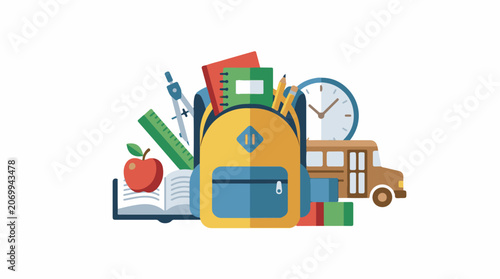 Colorful school supplies in and around a yellow backpack