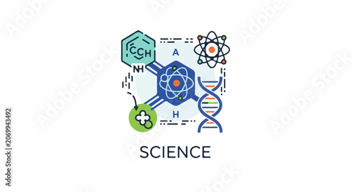 Colorful science graphic with DNA, atoms, molecule