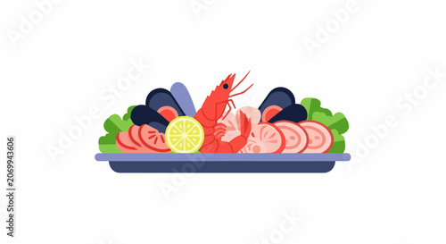 Colorful seafood platter with shrimp, mussels, tomato slices, and lemon