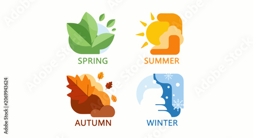 Colorful seasonal icons representing spring, summer, autumn, and winter