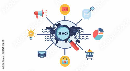 Colorful SEO infographic with magnifying glass