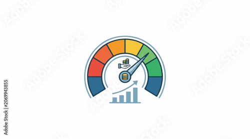 Colorful speedometer with coins and growing graph