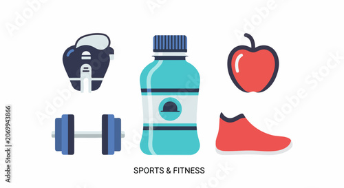 Colorful sports and fitness icons with water bottle