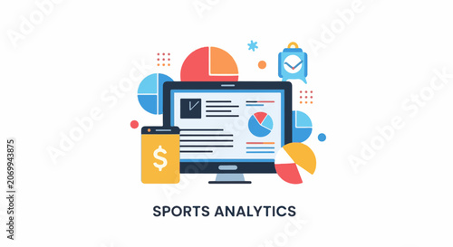 Colorful sports analytics graphic with computer, phone, and charts