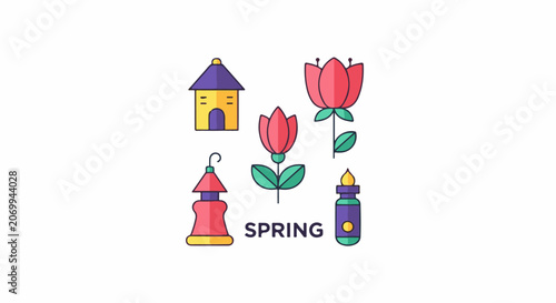 Colorful spring icons including house, lamp, flowers, and candle