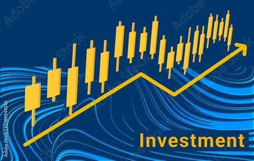Investment growth concept with candlestick chart and rising trend line on abstract financial background