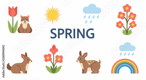 Colorful spring icons with animals and flowers