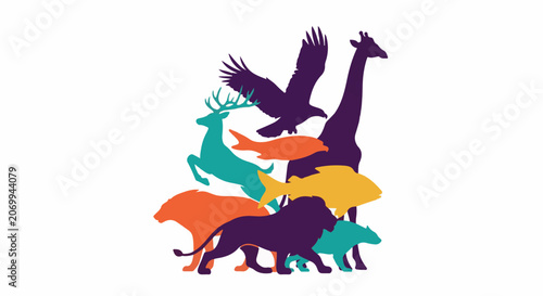 Colorful silhouettes of various animals stacked