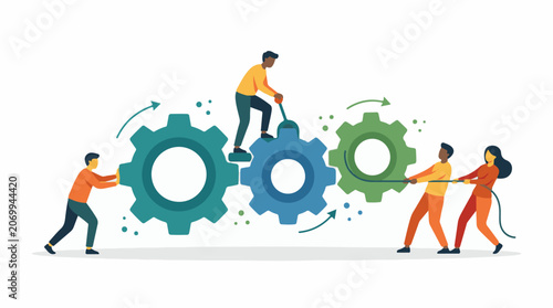 Four people working together to turn large interlocking gears