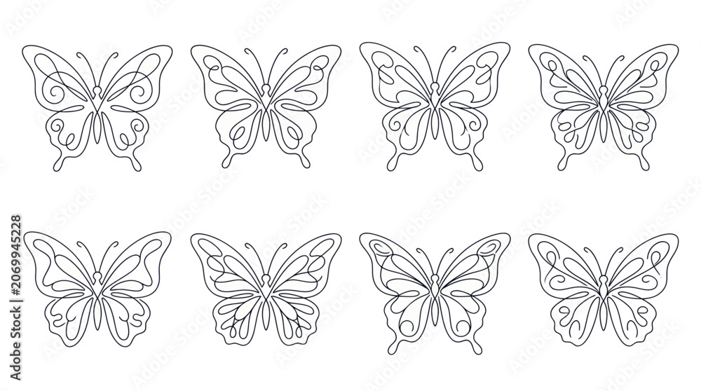 Fototapeta premium Minimalist butterfly collection with elegant linear wing patterns