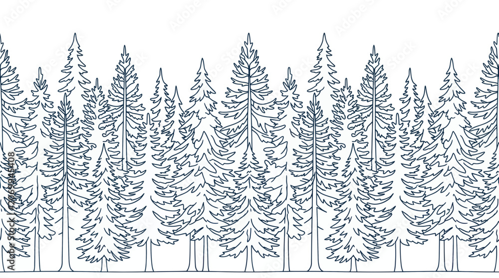 Obraz premium Seamless line art forest border with pine and spruce trees