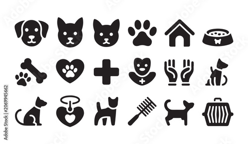 Collection of vet icons for animal care, clinic and pet services with dog and cat.