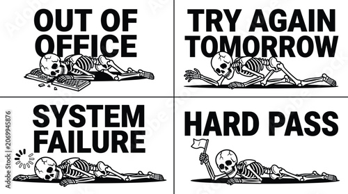 Bild auf Leinwand Four panel comic strip featuring human skeletons in humorous situations with tex