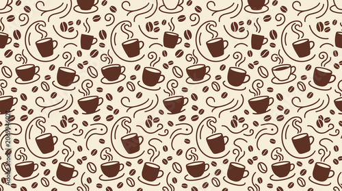 Seamless pattern of brown coffee cups and roasted coffee beans on a light beige background, for cafe and, beverage themed decor projects