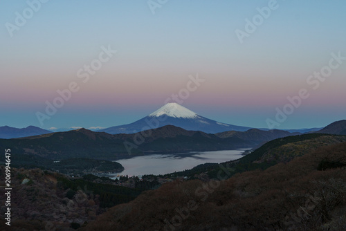 Beautiful Belt of Venus and twilight sky over Mount Fuji and Lake Ashi, viewed from Daikanzan in December, Hakone, Japan.