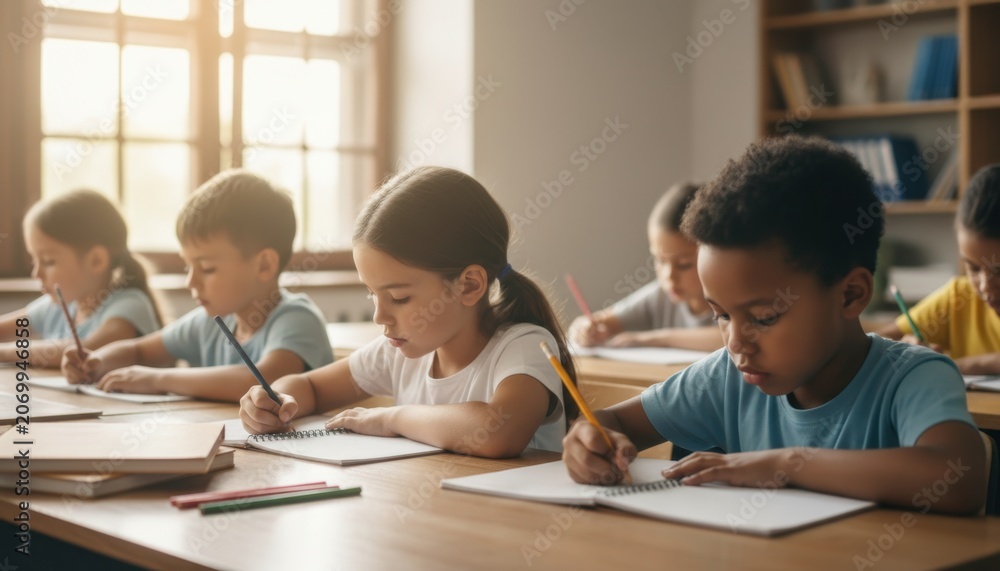 Fototapeta premium Children Focused on Writing in a Bright Classroom.