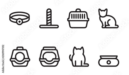 Outline icons for pet supplies and cat accessories on white background.