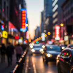 Blurred city street with colorful neon signs