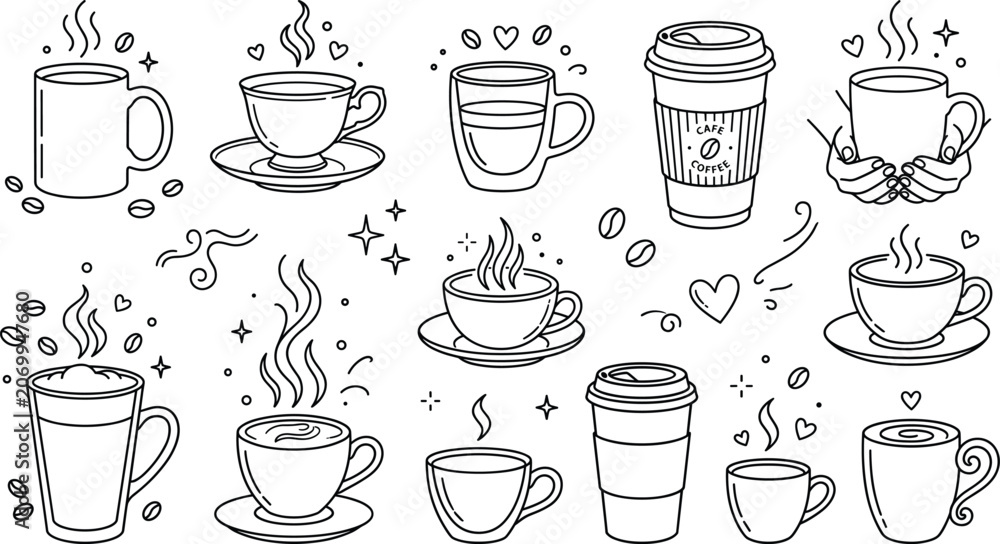 Fototapeta premium Coffee cup and mug line icon set featuring hot steaming cafe drinks and beans