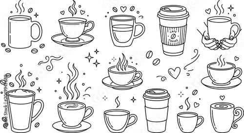 Foto Coffee cup and mug line icon set featuring hot steaming cafe drinks and beans