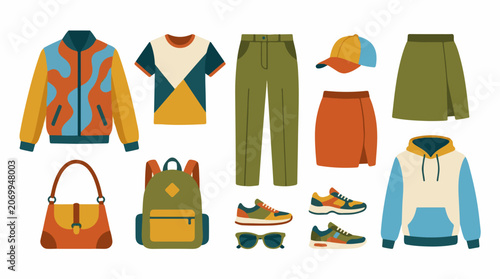 A colorful illustration of various clothing items and accessories (24)