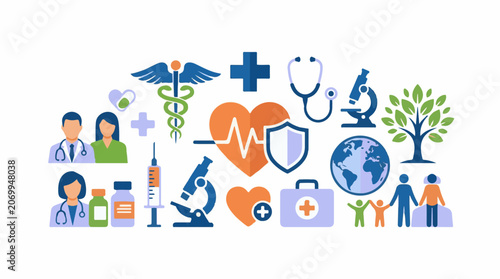 A colorful illustration of various medical and healthcare-related icons