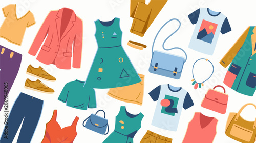 A colorful illustration of various clothing items and accessories (29)