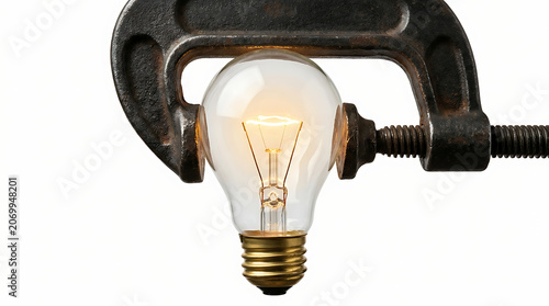 Isolated light bulb being squeezed in a clamp, symbolizing pressure on ideas