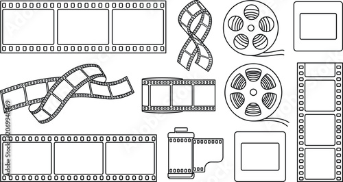 Tableau sur toile Film strip and movie reel line icon set featuring photographic negatives caniste