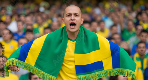 Brazilian fan cheers with flag