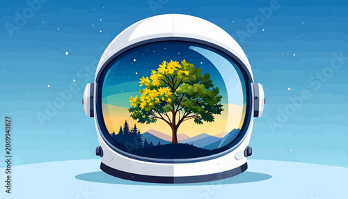 Tableau sur toile Astronaut helmet reflecting a vibrant green tree and landscape.