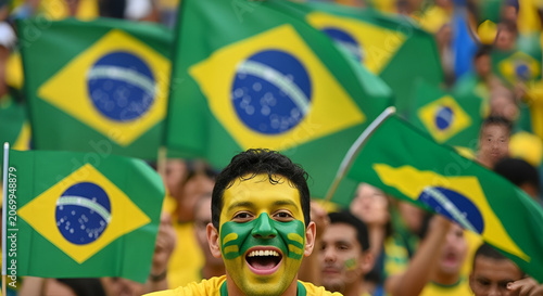 Brazilian Fan with Face Paint Cheers at Sports Event