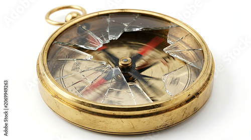Isolated broken compass with cracked glass on a white background, symbolizing lost direction