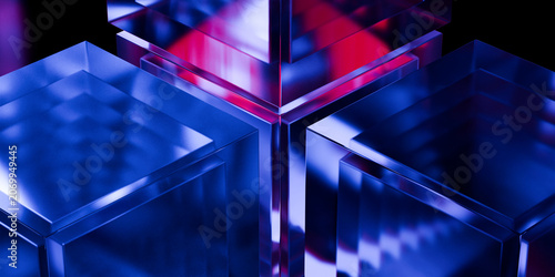 Cyber elements made of transparent glass and liquid acrylic purple blue glow on black backdrop cinematic tech background design cover art visuals 3d rendering