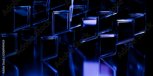 Cyber elements made of transparent glass and liquid acrylic purple blue glow on black backdrop cinematic tech background design cover art visuals 3d rendering
