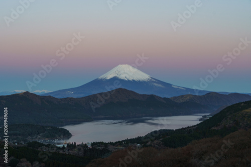 Stunning Belt of Venus and twilight sky over Mount Fuji and Lake Ashi, close-up view from Daikanzan in December, Hakone, Japan.