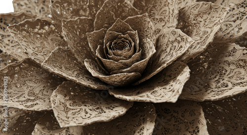 Detailed Close-Up of Intricate Rose Flower in Monochrome Sepia Tone Style