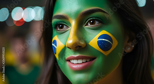 Brazilian Fan Face Paint Woman Cheering Sports Game Green Yellow Blue Flag