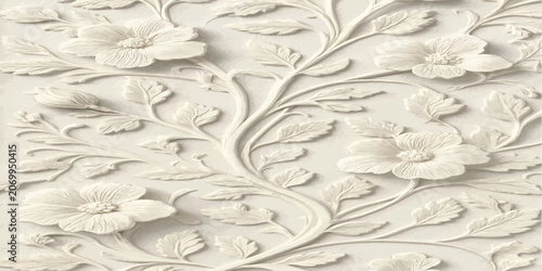 Schilderij op canvas Elegant floral relief carving on off white stone wall surface with bas relief sc