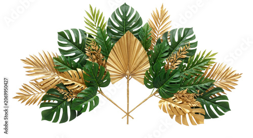 Tropical Monstera Leaves Isolated on Transparent Background with Natural Green and Gold Tones