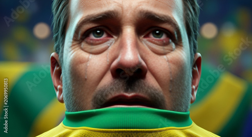 Devastated Man Crying Tears of Sadness Wearing Yellow Soccer Jersey with Green Collar