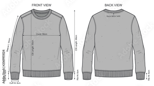 Foto Crew neck sweatshirt technical drawing with measurement specifications
