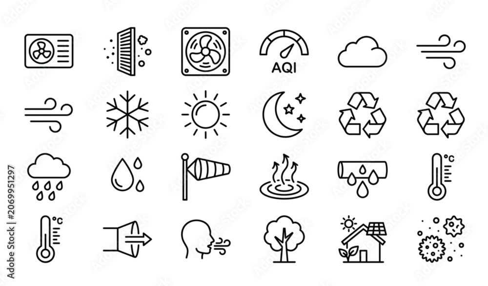 Fototapeta premium Editable Air Quality and Weather Outline Icons Collection 36x36 Pixel Perfect Vector Set