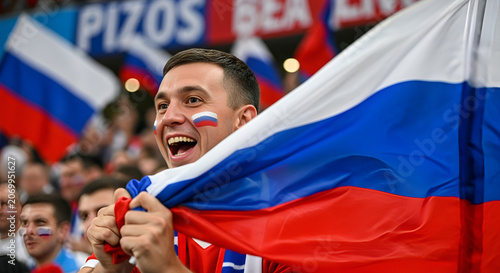 Enthusiastic Man Waving Russian Flag with Face Paint at Sports Event