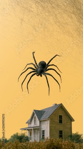 Giant Black Spider Looming Over House on Golden Sky - Halloween Fear Concept
