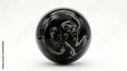Abstract sphere with faces in dark, swirling patterns isolated on a white background