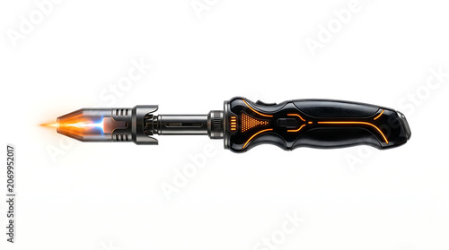 Close up of a futuristic torch isolated on a white background, conceptualizing innovation