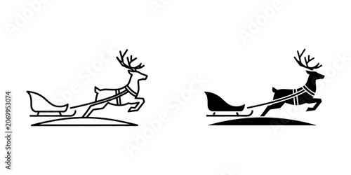 Reindeer pulling sleigh vector silhouette and outline icon set with reindeer christmas silhouette graphics minimalist celebration seasonal collection