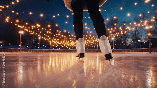Person ice skating on rink with festive lights at night  