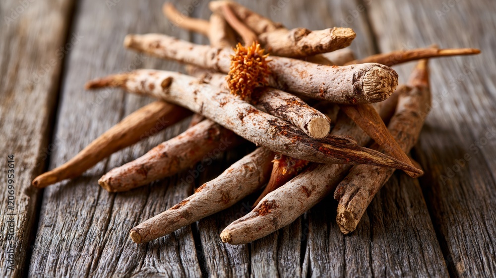 Fototapeta premium Spicy roots lay on wood.
